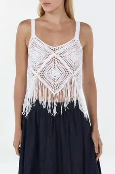 Топ хлопковый ажурный на лямках с бахромой Piombo