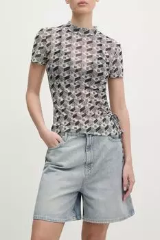 Топ из сетки со сборками по бокам и логотипом HUGO