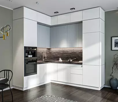 Кухонный гарнитур угловой Регина Белый / Белла Белый Альпийский/МДФ Джаз Светло-серый 2 м*2,6 м