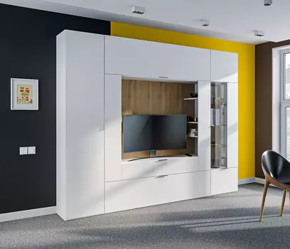 Мальта СБ-3265 Стенка с пеналом и витриной Белый,Дуб Гамильтон/МДФ Белый