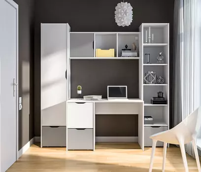 Mika / Мика домашний кабинет Белый/Серый (пенал, стеллаж, стол, полка)