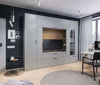 Стенка с пеналом и витриной Милан СБ-3265 Серый/МДФ Светло серый