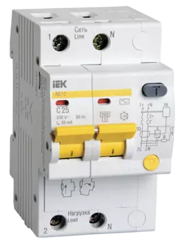 Авт. выключатель диф. тока IEK, 2П С 25А, 4,5кА, 30мА AD12M