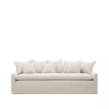 Чехол на 3-местный диван Zenira с подушками из хлопка и льна бежевого цвета, 230 см