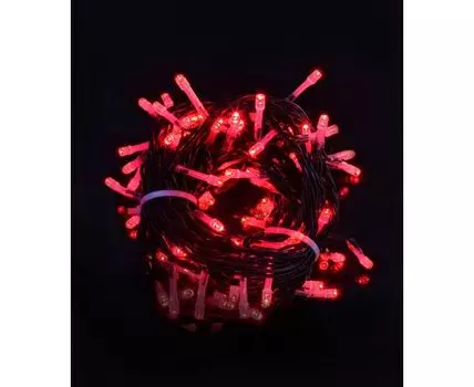 Гирлянда Нить 10м Красная с Мерцанием Белого Диода 24В, 100 LED, Провод Черный ПВХ, IP54