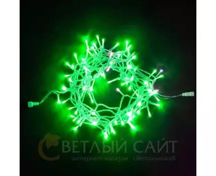 Гирлянда Нить 10м Зеленая с Мерцанием Белого Диода 220В, 100 LED, Провод Прозрачный ПВХ, IP54