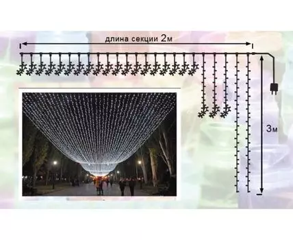 Гирлянда Занавес 2 x 3 м Белый 220В, 600 LED, Провод Прозрачный ПВХ, IP54
