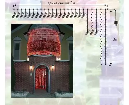 Гирлянда Занавес 2 x 3 м Красный 220В, 600 LED, Провод Прозрачный ПВХ, IP54