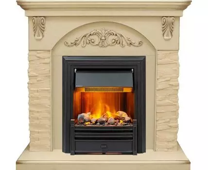 Каминокомплект Bern Сланец крупный бежевый / Алебастр темная патина с очагом Brookline Black