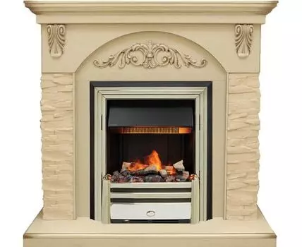 Каминокомплект Bern Сланец крупный бежевый / Алебастр темная патина с очагом Cavendish