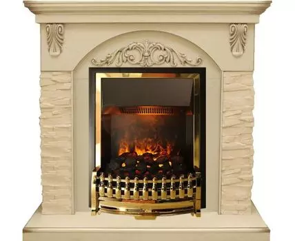 Каминокомплект Bern Сланец крупный бежевый / Алебастр темная патина с очагом Atherton