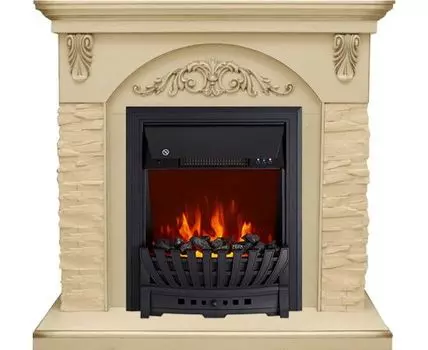 Каминокомплект Bern Сланец крупный бежевый / Алебастр темная патина с очагом Aspen Black