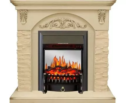 Каминокомплект Bern Сланец крупный бежевый / Алебастр темная патина с очагом Fobos FX M Black