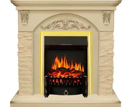 Каминокомплект Bern Сланец крупный бежевый / Алебастр темная патина с очагом Fobos FX Brass