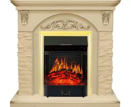 Каминокомплект Bern Сланец крупный бежевый / Алебастр темная патина с очагом Majestic FX Brass