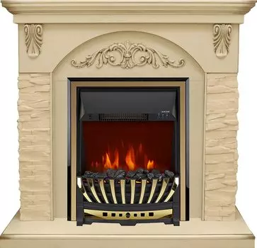 Каминокомплект Bern Сланец крупный бежевый / Алебастр темная патина с очагом Aspen Gold