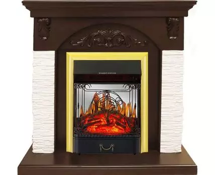 Каминокомплект Bern Сланец мелкий белый / Темный дуб с очагом Majestic FX M Brass