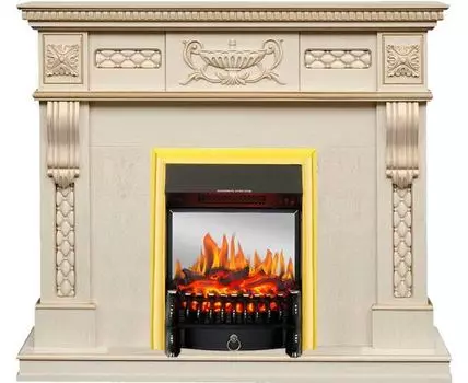 Каминокомплект Corsica - Слоновая кость с патиной (Ширина 1100) с очагом Fobos FX M Brass