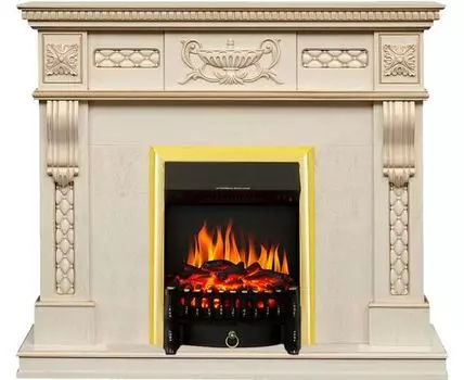 Каминокомплект Corsica - Слоновая кость с патиной (Ширина 1100) с очагом Fobos FX Brass