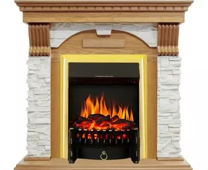 Каминокомплект Dublin - Дуб / Сланец белый с очагом Fobos FX Brass