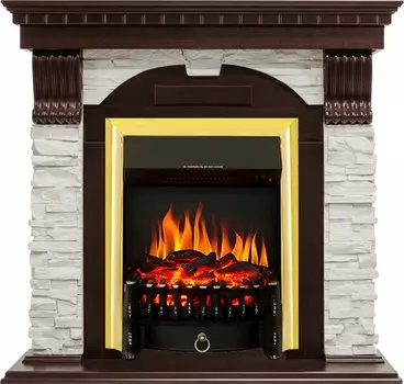 Каминокомплект Dublin - Темный дуб / Сланец белый с очагом Fobos FX Brass