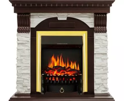 Каминокомплект Dublin угловой - Темный дуб / Сланец белый с очагом Fobos FX Brass