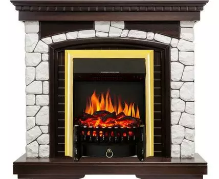 Каминокомплект Glasgow - Темный дуб / Белый с очагом Fobos FX Brass