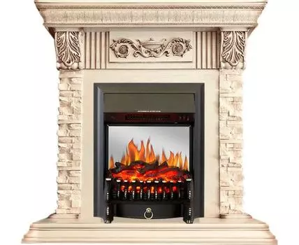 Каминокомплект Luxemburg (каменный) - Сланец/Cлоновая кость с патиной с очагом Fobos FX M Black