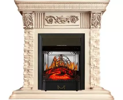 Каминокомплект Luxemburg (каменный) - Сланец/Cлоновая кость с патиной с очагом Majestic FX M Black
