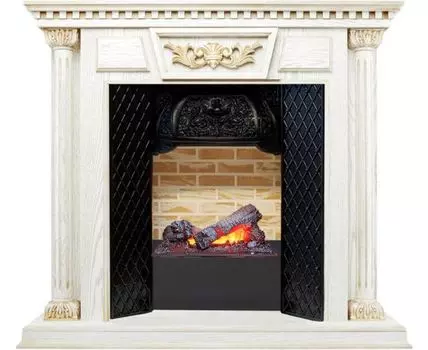 Каминокомплект Olympia - Белый дуб, патина с золотом / Кирпич с очагом Cassette 400 NH