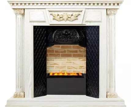 Каминокомплект Olympia - Белый дуб, патина с золотом / Кирпич с очагом Cassette 400 LNH-INT PS (без дров)