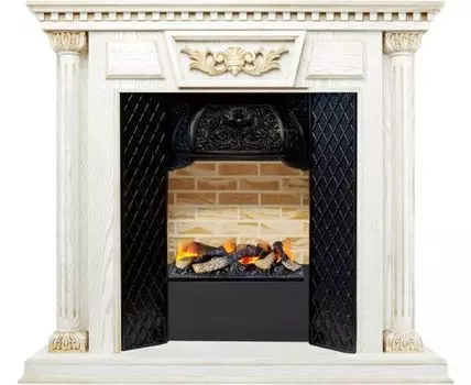 Каминокомплект Olympia - Белый дуб, патина с золотом / Кирпич с очагом Cassette 400 LNH-INT (с дровами)