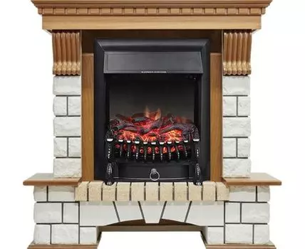 Каминокомплект Pierre Luxe - Дуб / Белый с очагом Fobos FX Black