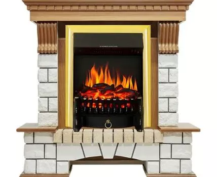 Каминокомплект Pierre Luxe - Дуб / Белый с очагом Fobos FX Brass