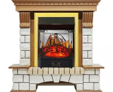 Каминокомплект Pierre Luxe - Дуб / Белый с очагом Majestic FX M Brass
