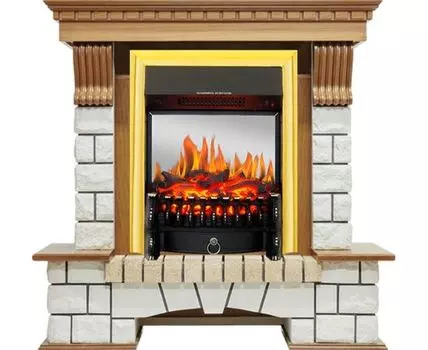 Каминокомплект Pierre Luxe - Дуб / Белый с очагом Fobos FX M Brass