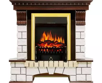 Каминокомплект Pierre Luxe - Темный дуб / Белый с очагом Fobos FX Brass