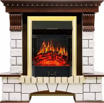 Каминокомплект Pierre Luxe - Темный дуб / Белый с очагом Majestic FX Brass