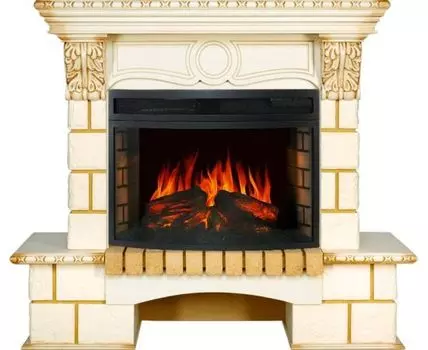 Каминокомплект Pierre Luxe угловой - Шампань / Слоновая кость с патиной с очагом Dioramic 25 LED FX