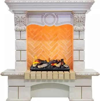 Каминокомплект Pierre Luxe угловой - Слоновая кость / Шампань (Высота 975мм) с очагом Cassette 400 LNH-INT (с дровами)