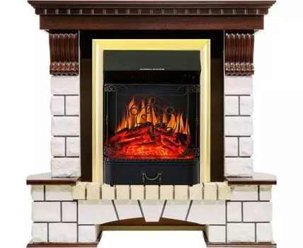 Каминокомплект Pierre Luxe угловой - Темный дуб / Белый с очагом Majestic FX Brass