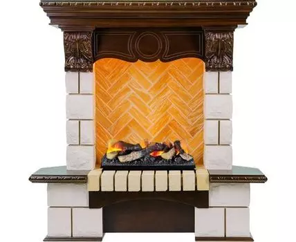 Каминокомплект Pierre Luxe угловой - Темный дуб / Шампань (Высота 975мм) с очагом Cassette 400 LNH-INT (с дровами)