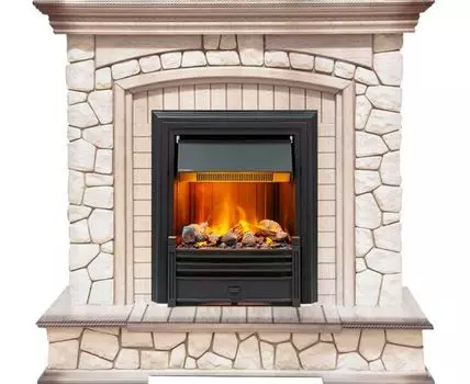 Каминокомплект Preston - Белый/Слоновая кость с патиной с очагом Brookline Black