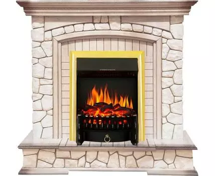 Каминокомплект Preston - Белый/Слоновая кость с патиной с очагом Fobos FX Brass