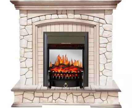 Каминокомплект Preston - Белый/Слоновая кость с патиной с очагом Fobos FX M Black