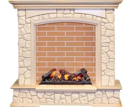 Каминокомплект Preston - Слоновая кость с патиной / Кирпич с очагом Cassette 600 NH