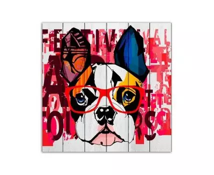 Картина на дереве Бульдог в очках 150х150 см (Черный, 150)