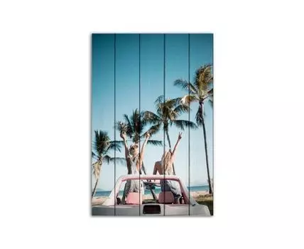 Картина на дереве Девушки в кабриолете 80х120 см (Голубой, 80)