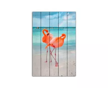 Картина на дереве Два фламинго на берегу 80х120 см (Голубой, 80)