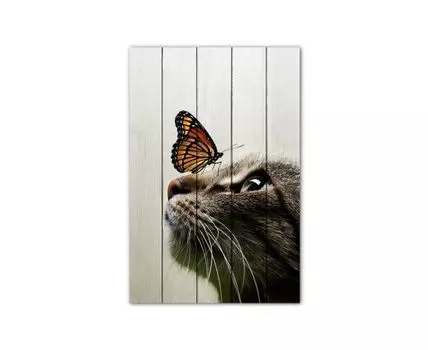 Картина на дереве Кошка и бабочка 80х120 см (Серый, 80)